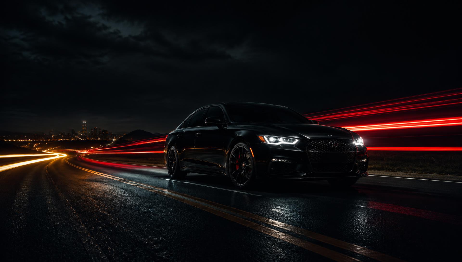 Carro esportivo preto em estrada à noite